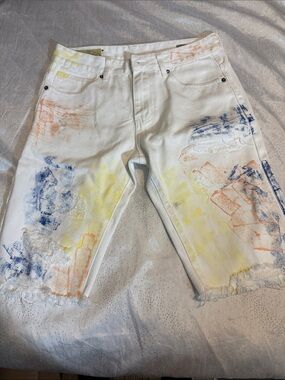 Smoke rise White Distressed Paint-Splatter Denim Shorts for men size 32